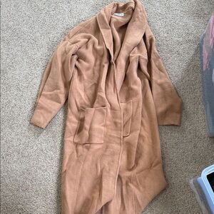 Mango Long Open-Front Cardigan Coat in Camel Brown